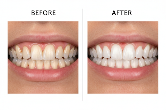 one picture of before and after before yellow teeth after white shining teeth