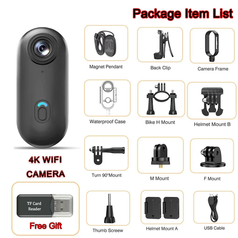 Pocket 4K Mini Camera  Magnetic Wearable Cam with Waterproof Shell WiFi Bike Motorcycle Camera Friendly for Casual Cycling Vlog