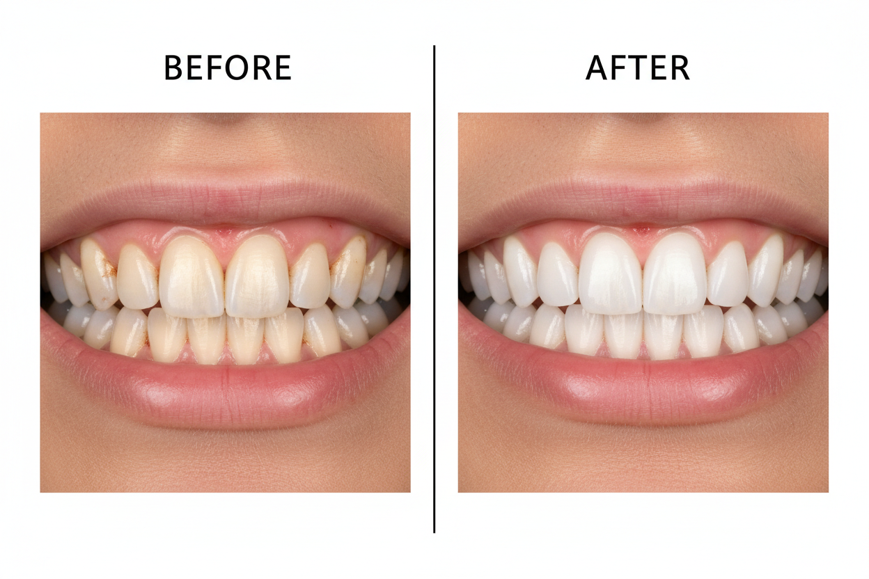 one picture of before and after before yellow teeth after white shining teeth
