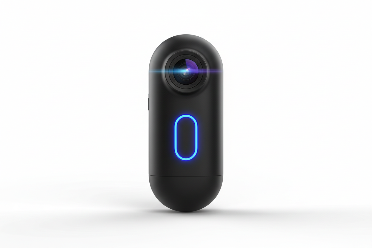 Product photography, highly detailed, photorealistic. A smooth, black, pill-shaped, miniature action camera (or dash cam). The camera is perfectly centered and vertically oriented.

**Key Features:**
1.  **Lens:** The camera lens should be visible at the top, capturing a slight, attractive flare of blue and purple light on the glass elements.
2.  **Indicator Light:** The central oval power/record button should have a prominent, glowing **blue LED light** or indicator line around it.
3.  **Finish:** The body